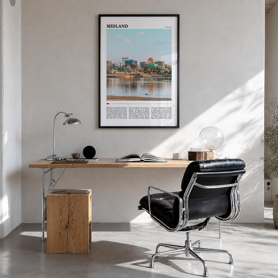 Midland colorful travel poster of Texas, USA – vertical wall art in black wood frame, hanging on wall