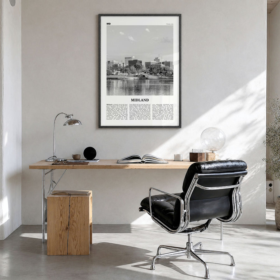 Midland Newspaper Poster in a black wood frame, hanging in a bright home office
