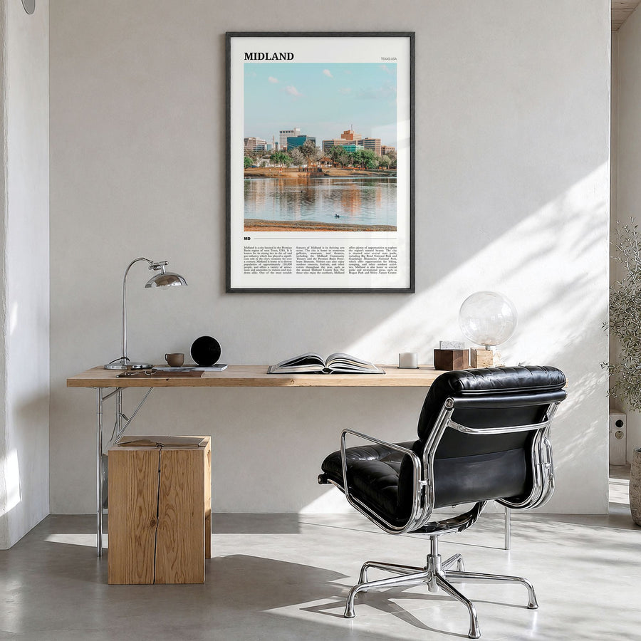 Midland Travel Poster in a black wood frame, hanging in a bright home office