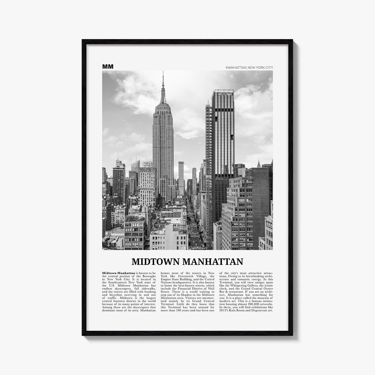 Midtown Manhattan black & white newspaper poster of Manhattan, New York City – vertical wall art, unframed print shown in int
