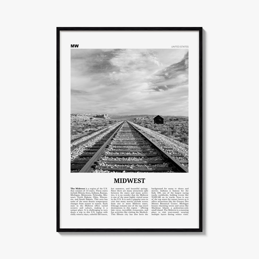 Midwest black & white newspaper poster of United States – vertical wall art, unframed print shown in interior mockup