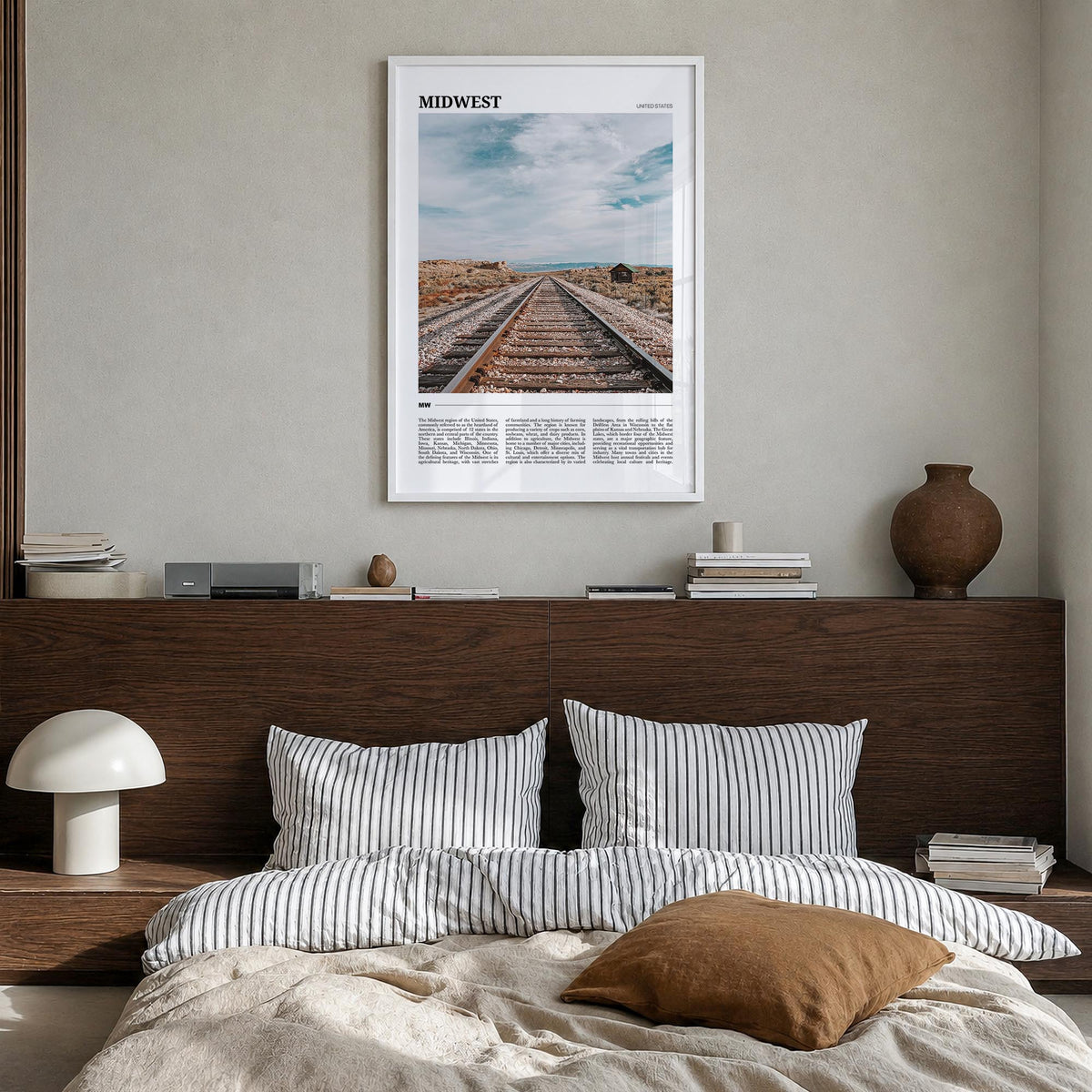 Midwest colorful travel poster of United States – vertical wall art in white wood frame, hanging on wall