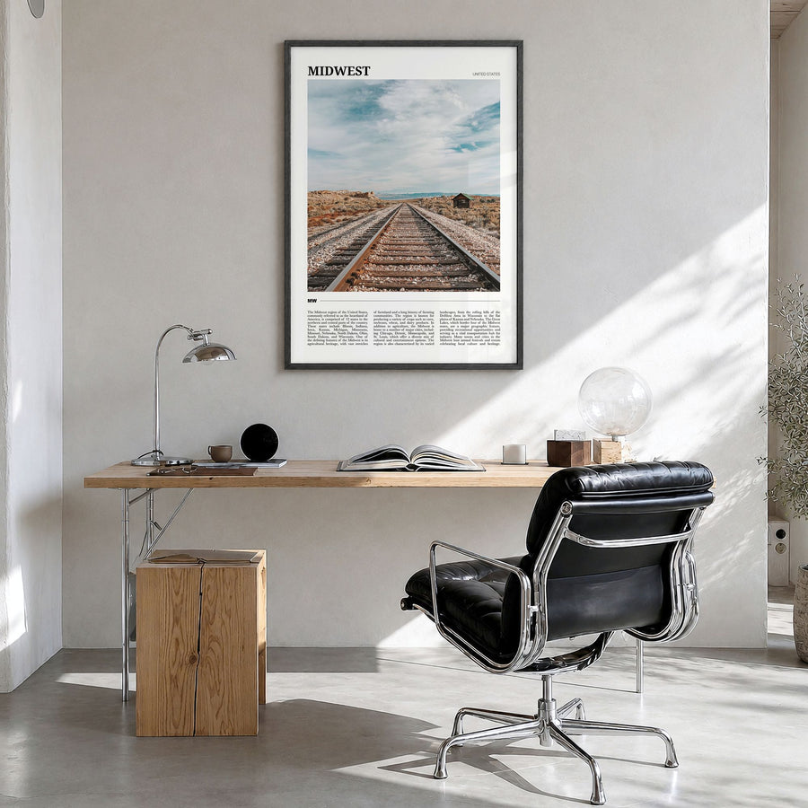 Midwest Travel Poster in a black wood frame, hanging in a bright home office