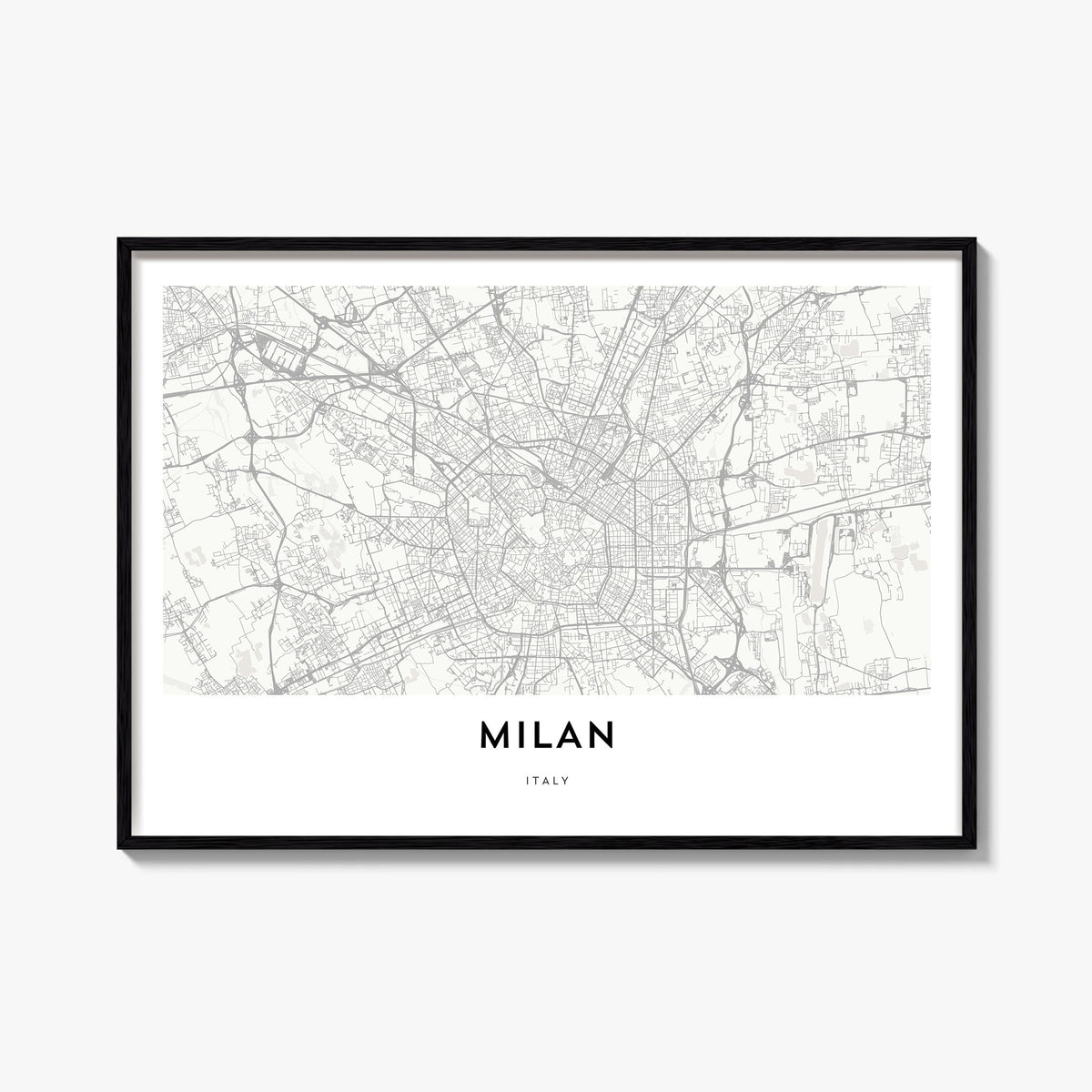 Milan black & white map poster of Italy – horizontal wall art, unframed print shown in interior mockup