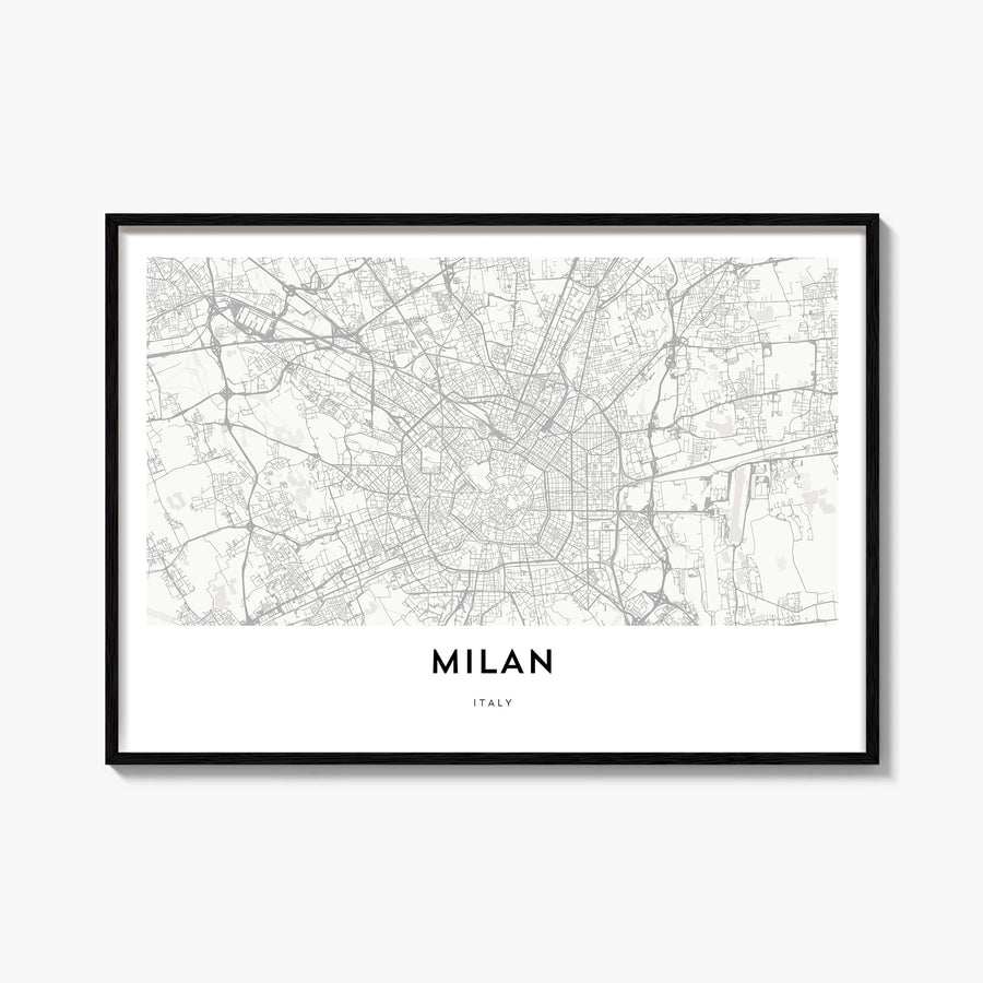 Milan black & white map poster of Italy – horizontal wall art, unframed print shown in interior mockup
