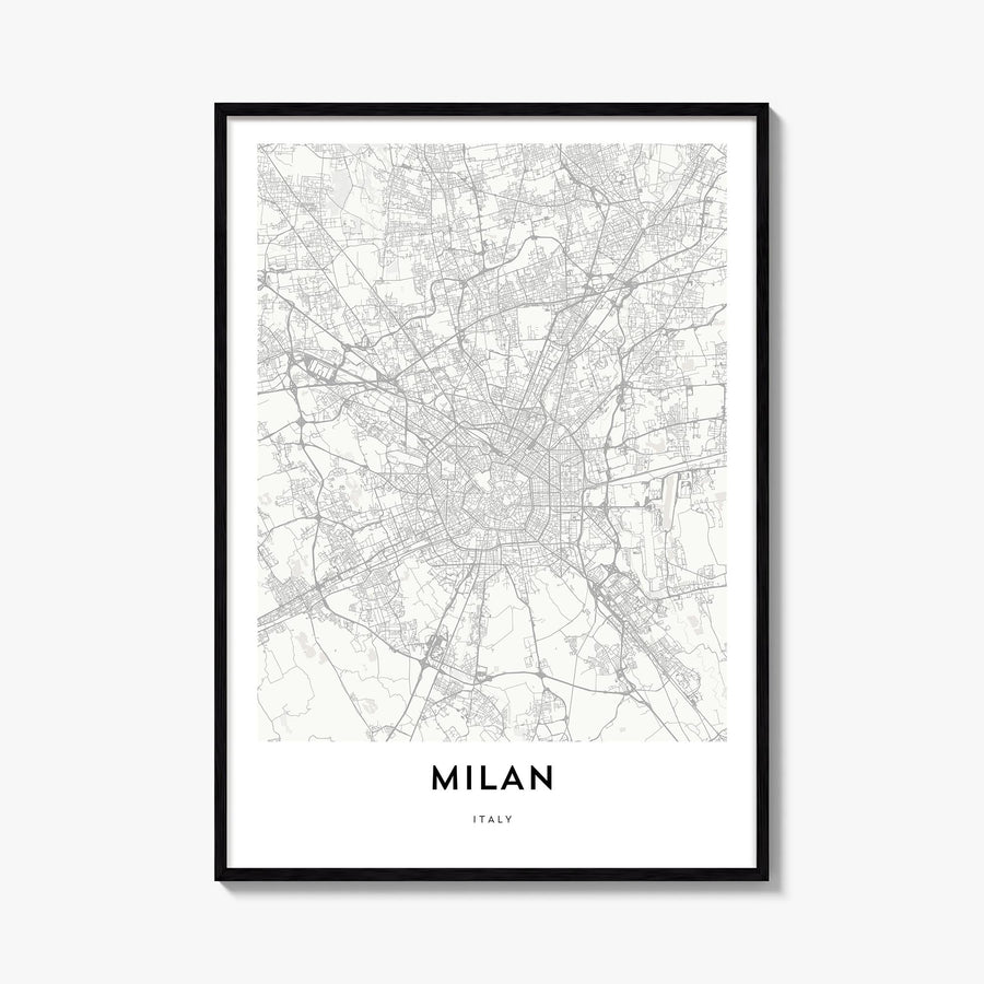Milan black & white map poster of Italy – vertical wall art, unframed print shown in interior mockup