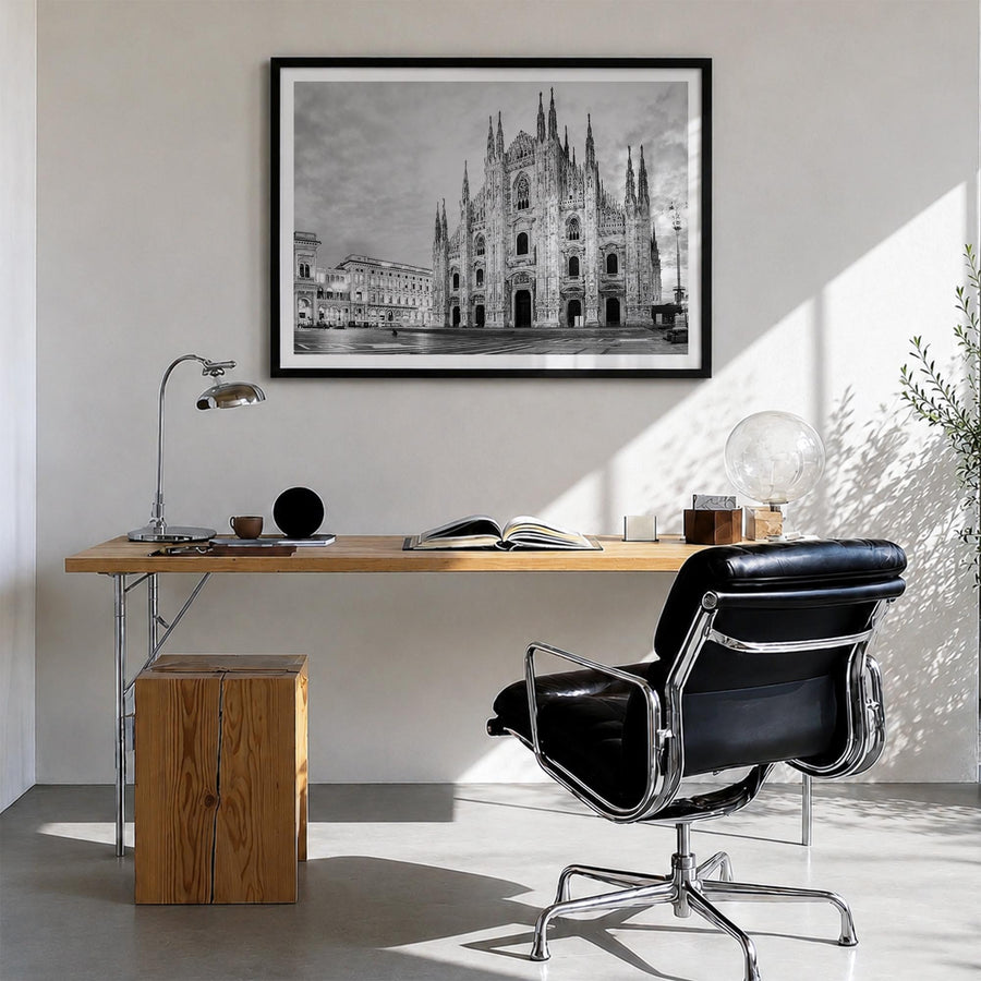 Milan black & white photo poster of Italy – horizontal wall art in black wood frame with white border, hanging on wall