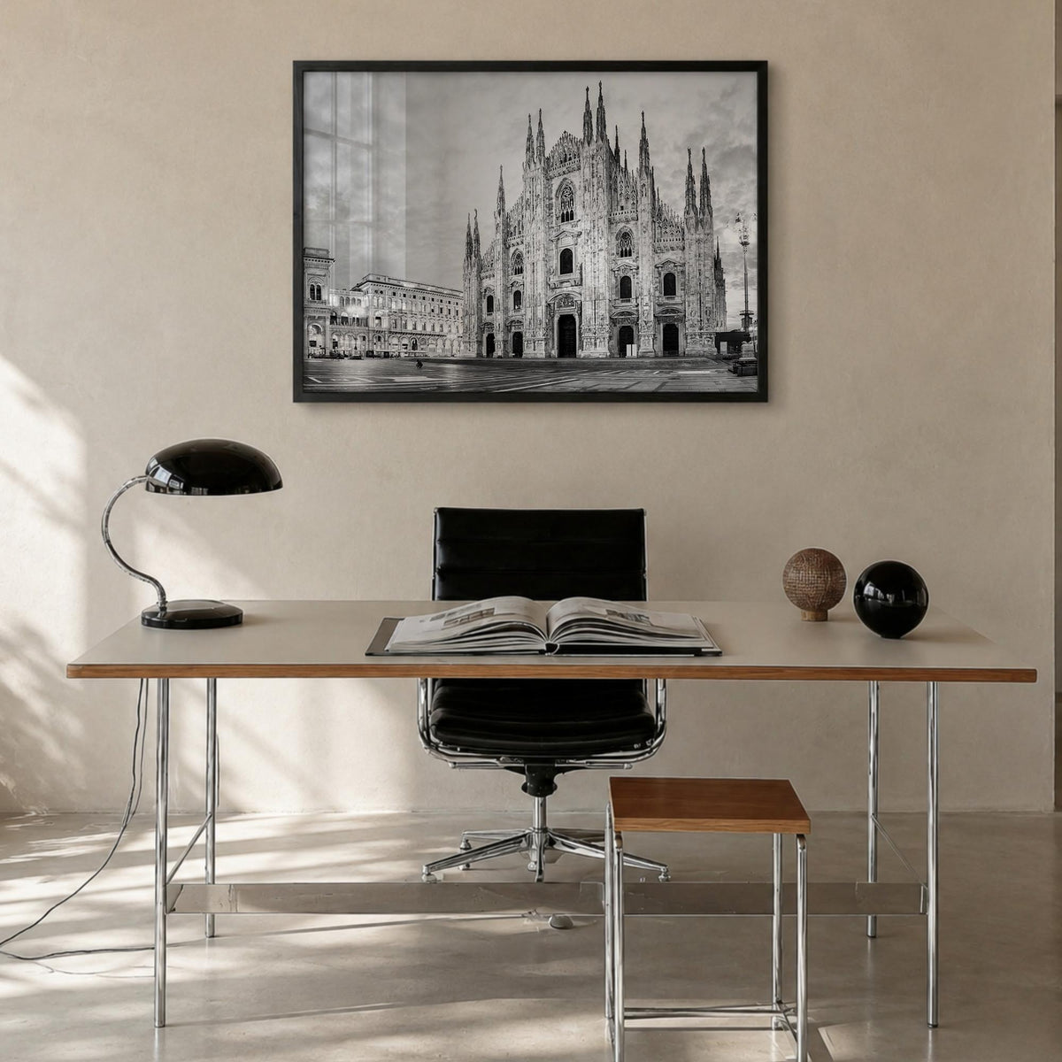Milan black & white photo poster of Italy – horizontal wall art in black wood frame, hanging on wall
