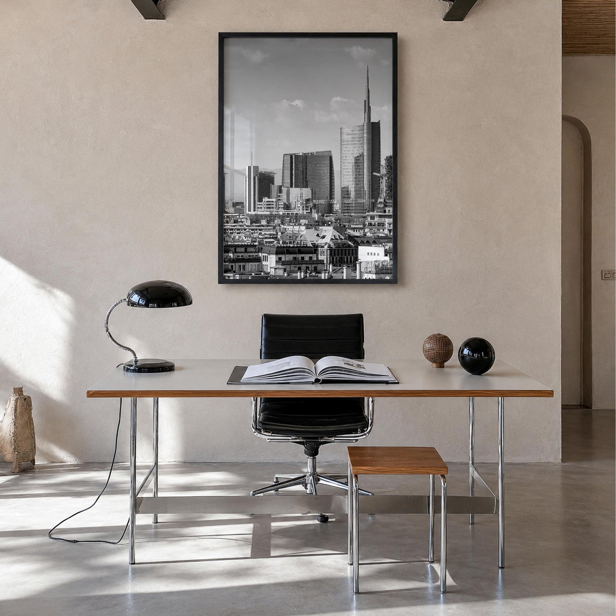 Milan black & white photo poster of Italy – vertical wall art in black wood frame, hanging on wall