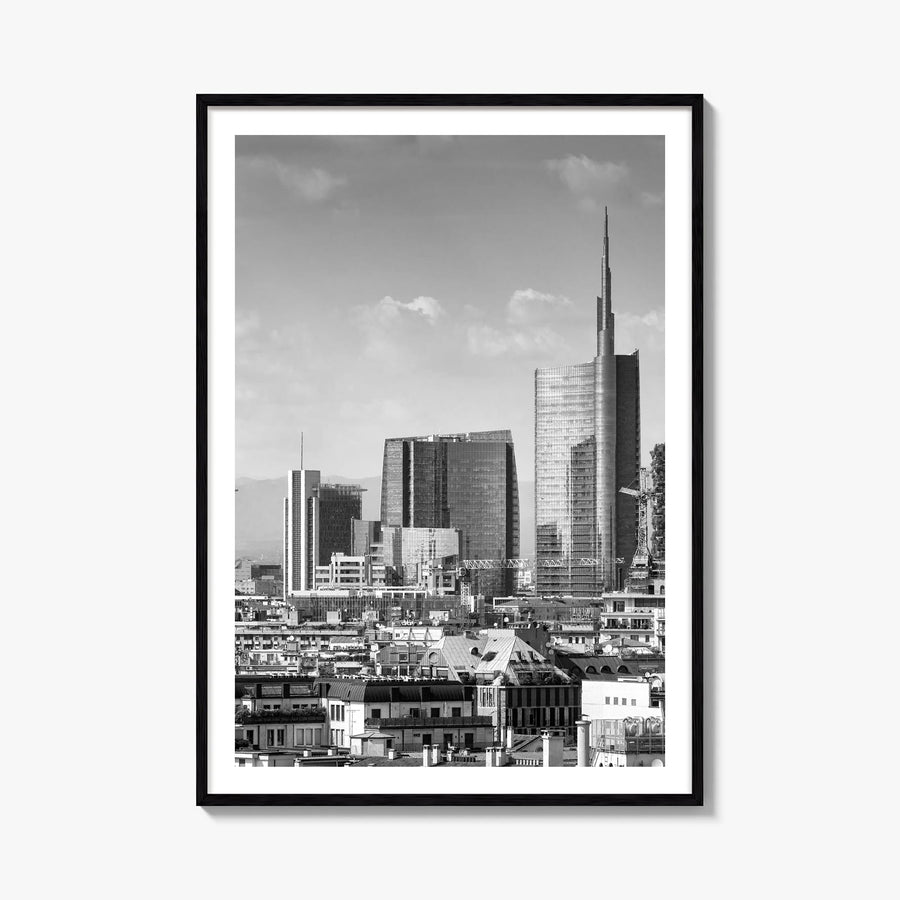 Milan black & white photo poster of Italy – vertical wall art, unframed print shown in interior mockup