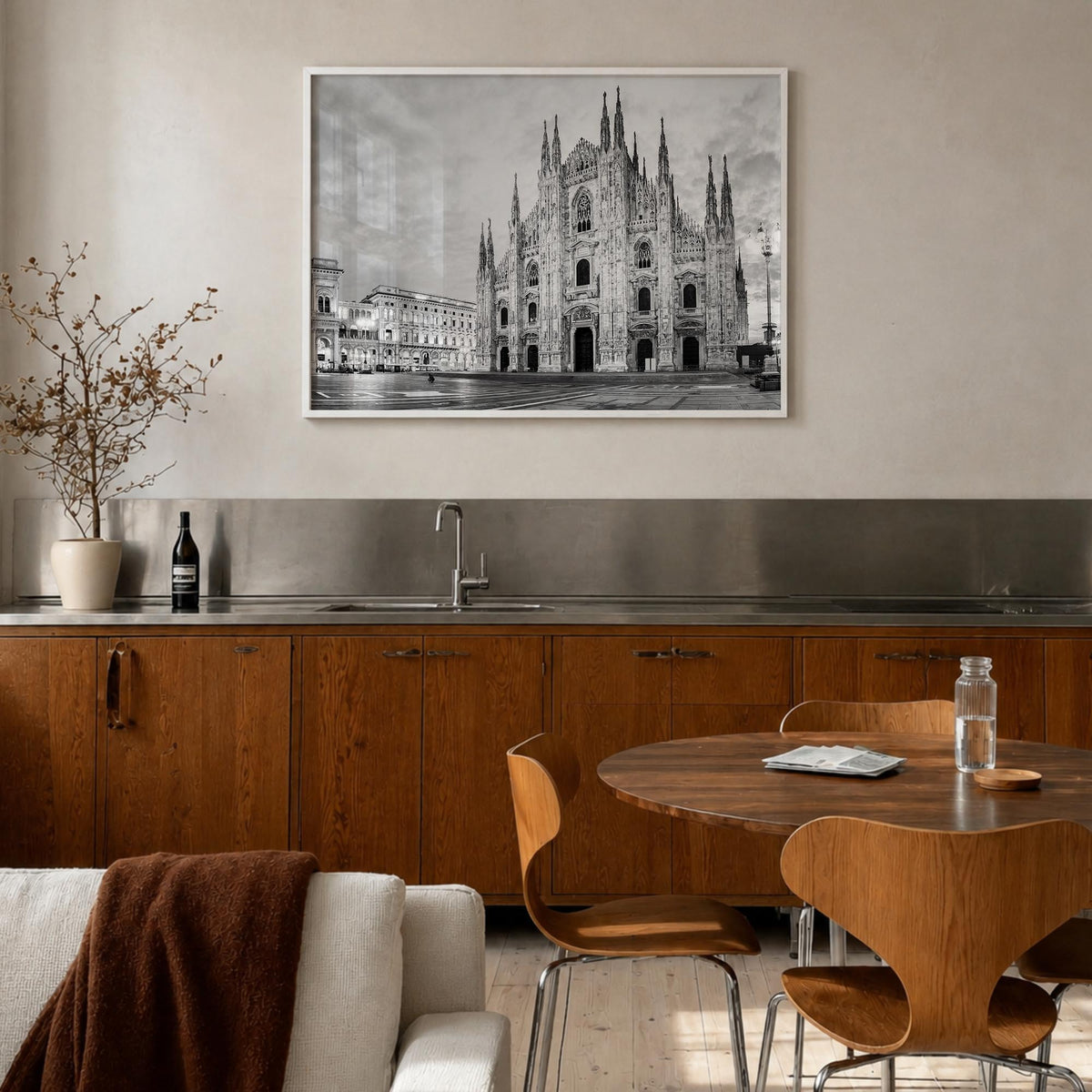 Milan black & white photo poster of Italy – horizontal wall art in white wood frame, hanging on wall