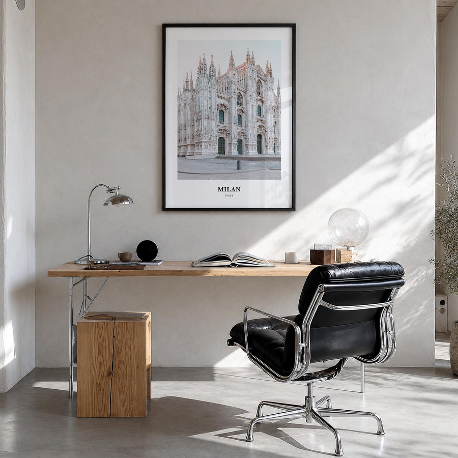 Milan colorful classic poster of Italy – vertical wall art in black wood frame, hanging on wall