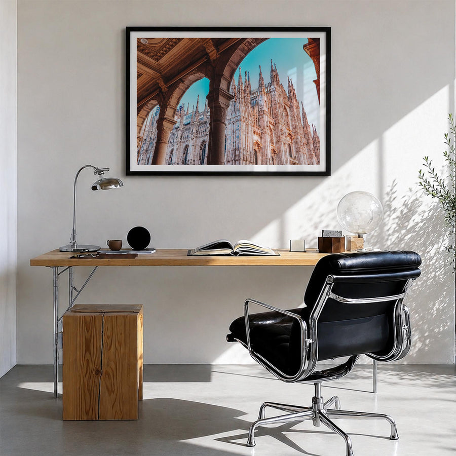 Milan colorful photo poster of Italy – horizontal wall art in black wood frame with white border, hanging on wall
