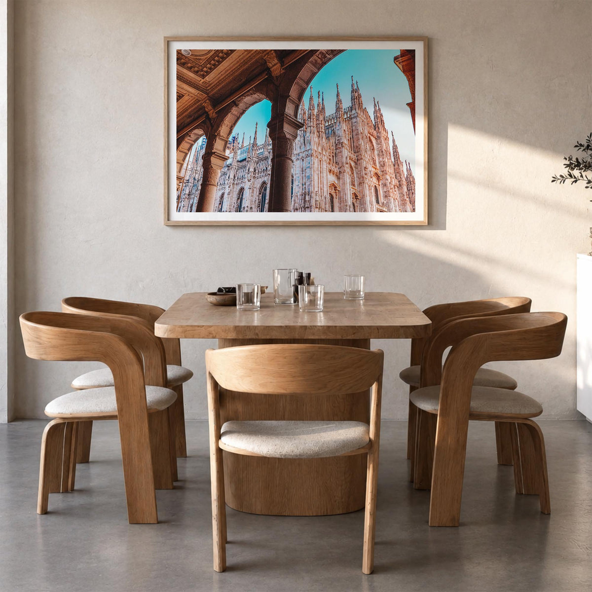Milan colorful photo poster of Italy – horizontal wall art in natural wood frame with white border, hanging on wall