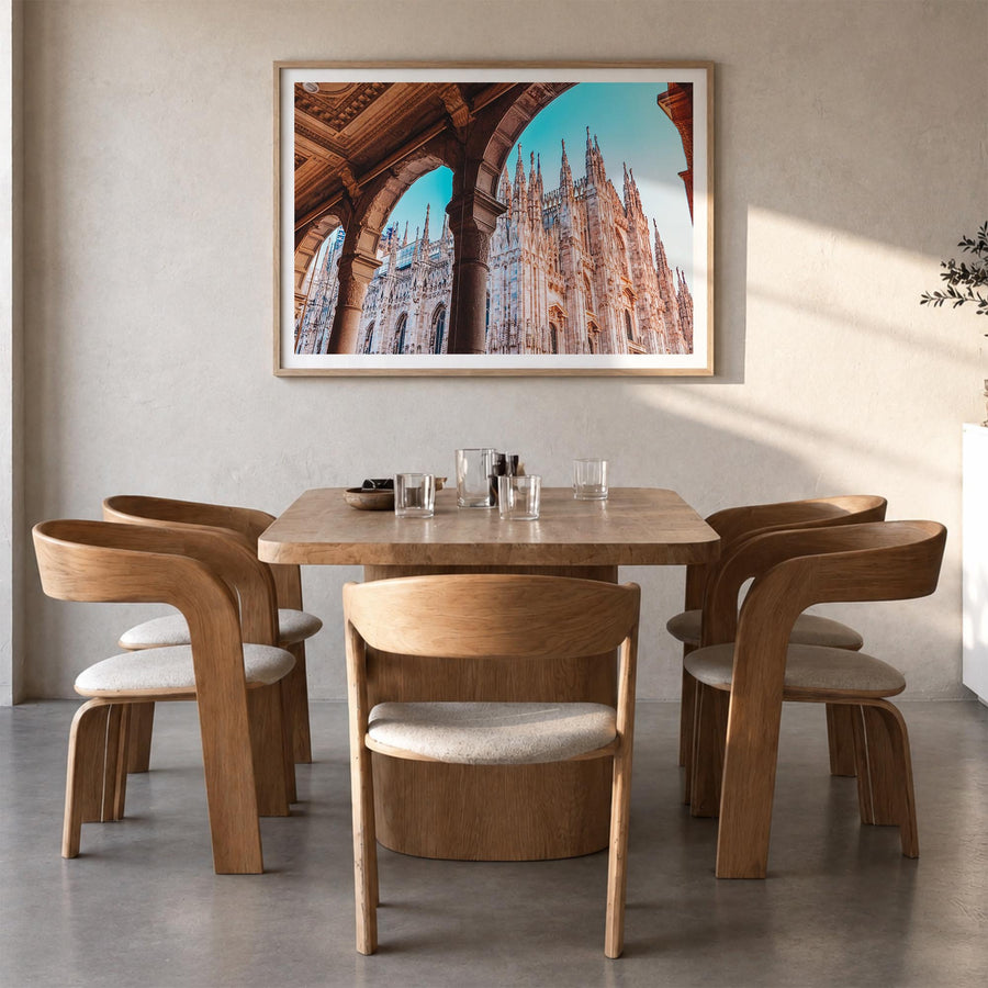 Milan colorful photo poster of Italy – horizontal wall art in natural wood frame with white border, hanging on wall