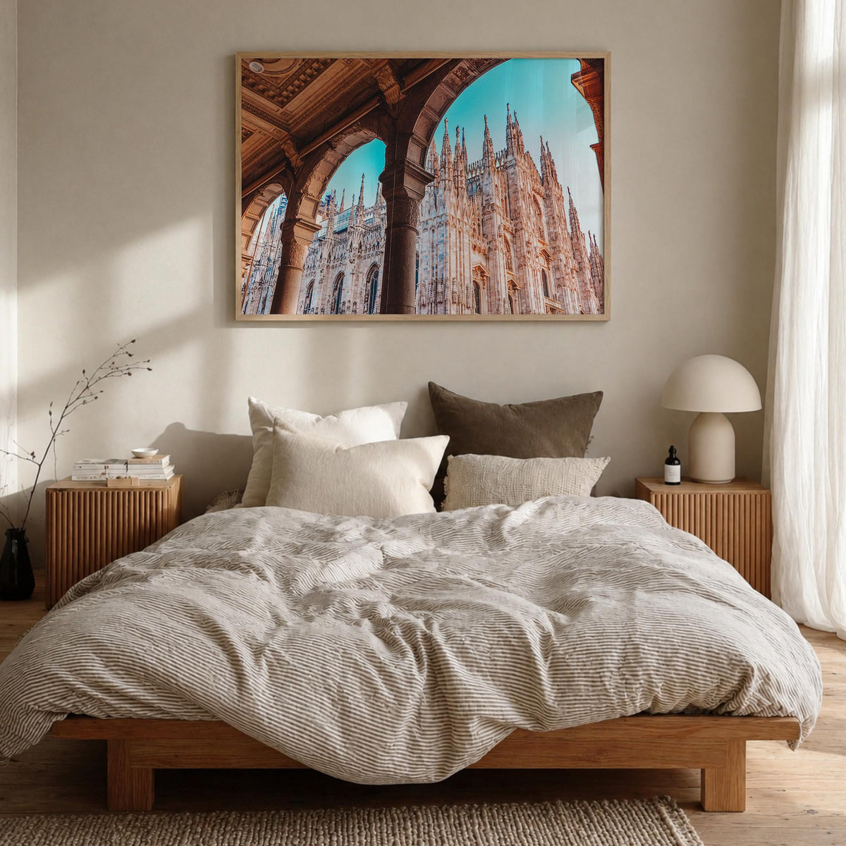Milan colorful photo poster of Italy – horizontal wall art in natural wood frame, hanging on wall