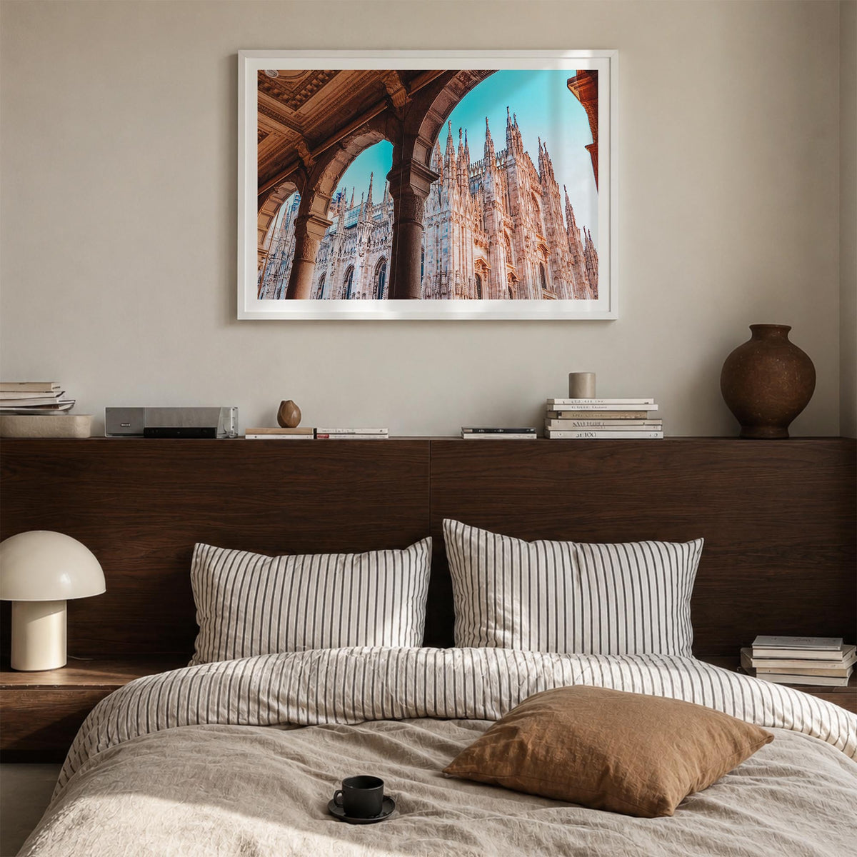 Milan colorful photo poster of Italy – horizontal wall art in white wood frame with white border, hanging on wall