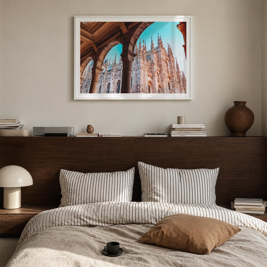 Milan colorful photo poster of Italy – horizontal wall art in white wood frame with white border, hanging on wall