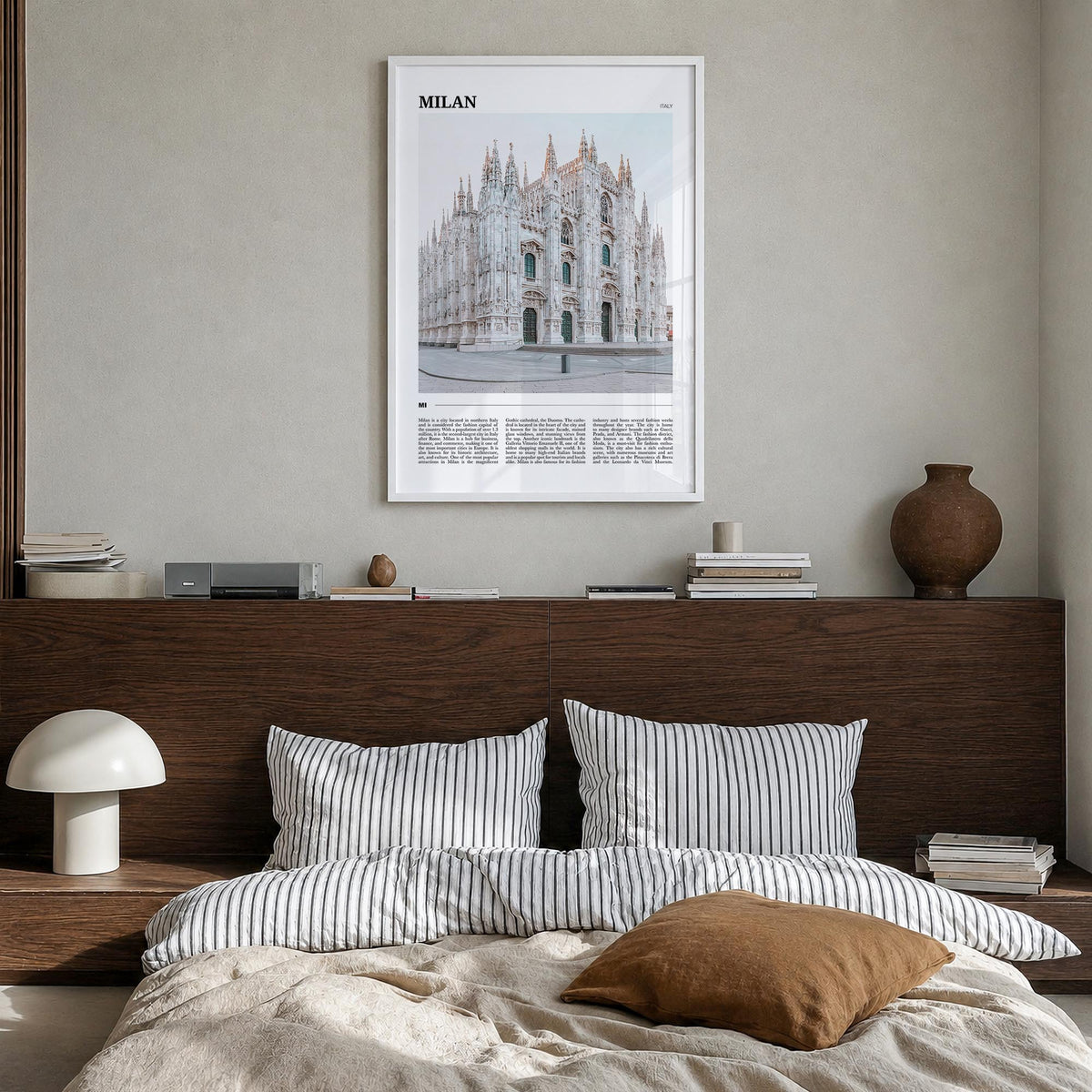 Milan colorful travel poster of Italy – vertical wall art in white wood frame, hanging on wall