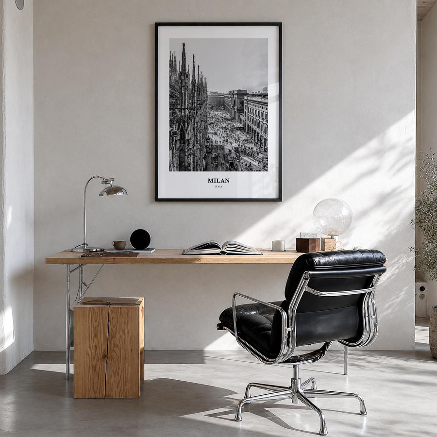 Milan no. 1 black & white classic poster of Italy – vertical wall art in black wood frame, hanging on wall