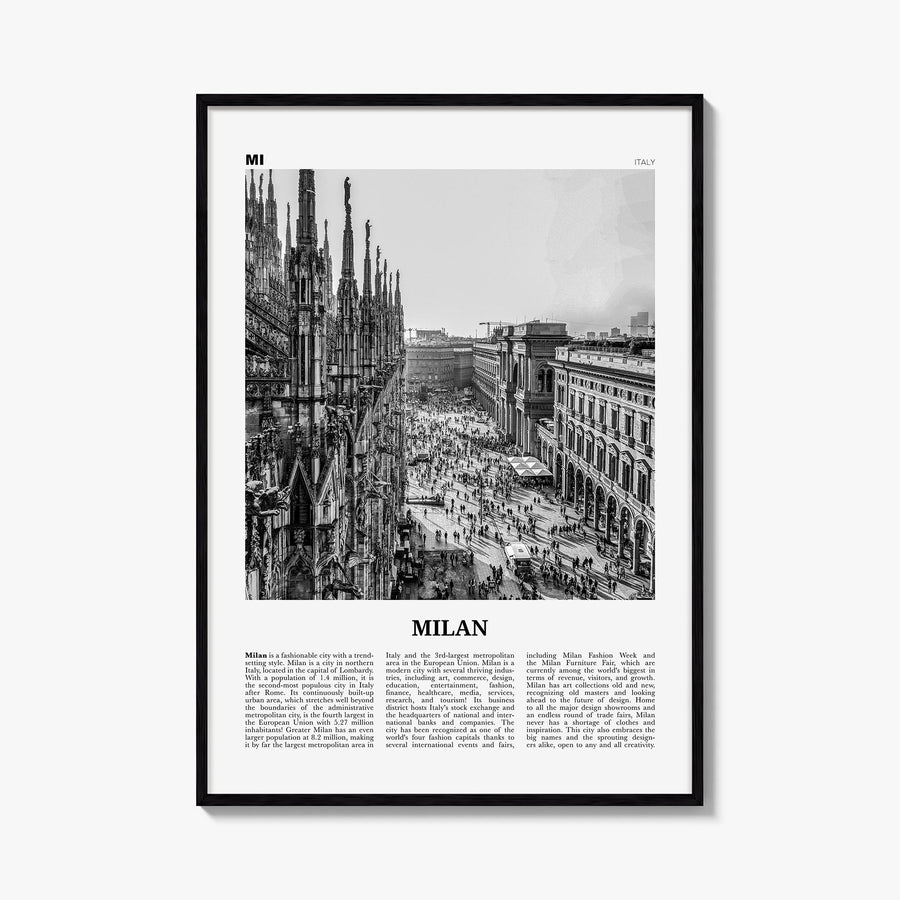 Milan no. 1 black & white newspaper poster of Italy – vertical wall art, unframed print shown in interior mockup