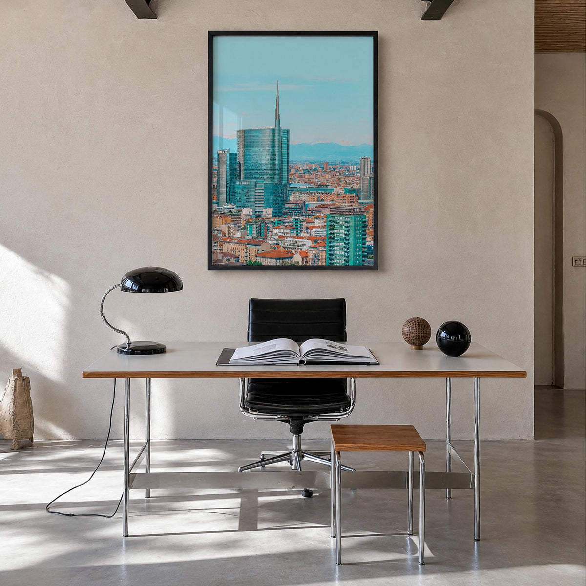 Milan no. 1 colorful photo poster of Italy – vertical wall art in black wood frame, hanging on wall