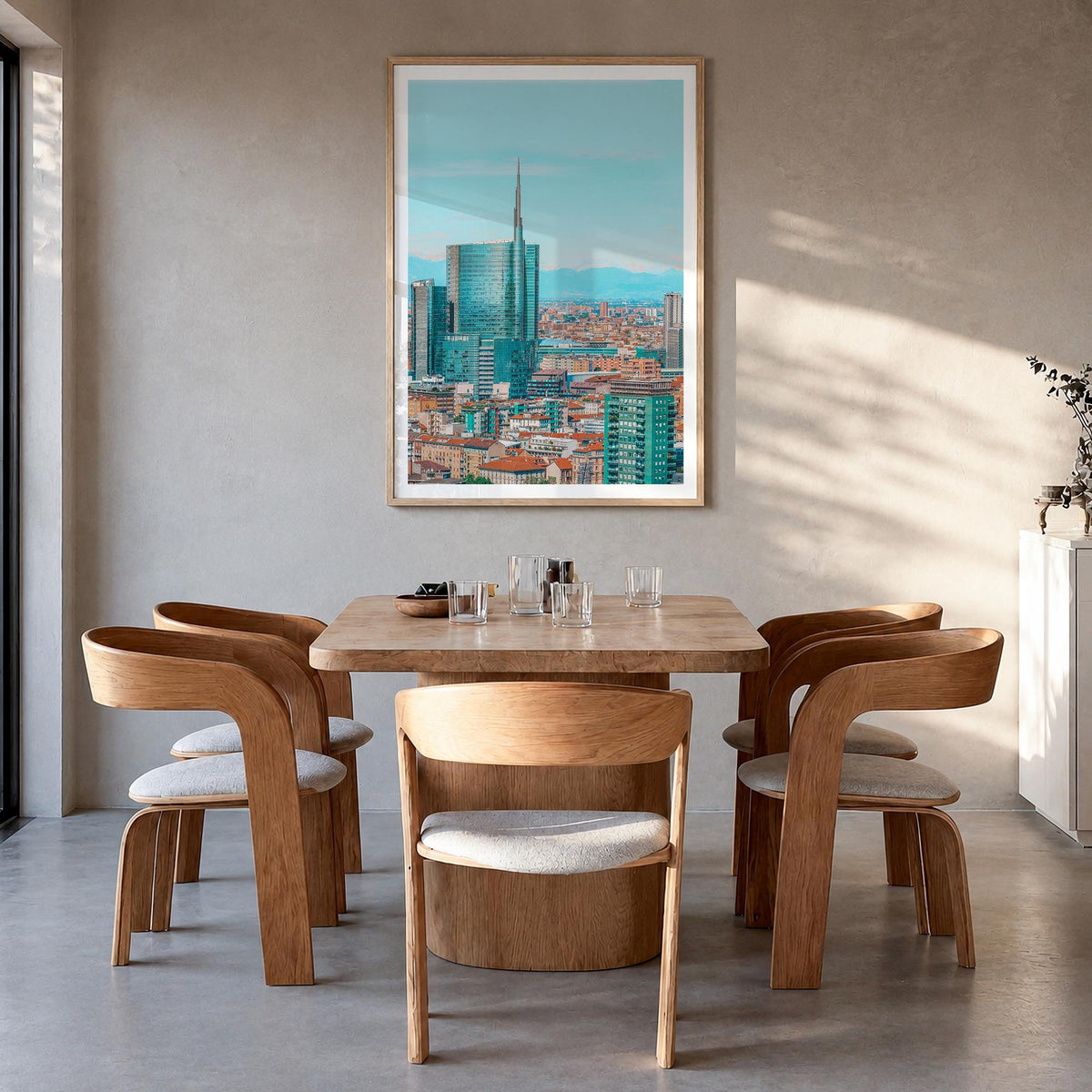 Milan no. 1 colorful photo poster of Italy – vertical wall art in natural wood frame with white border, hanging on wall