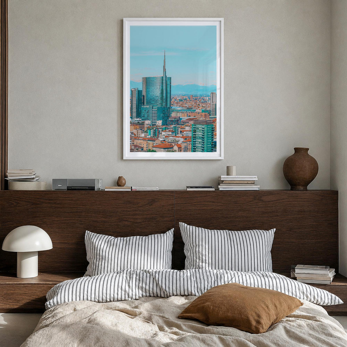 Milan no. 1 colorful photo poster of Italy – vertical wall art in white wood frame with white border, hanging on wall