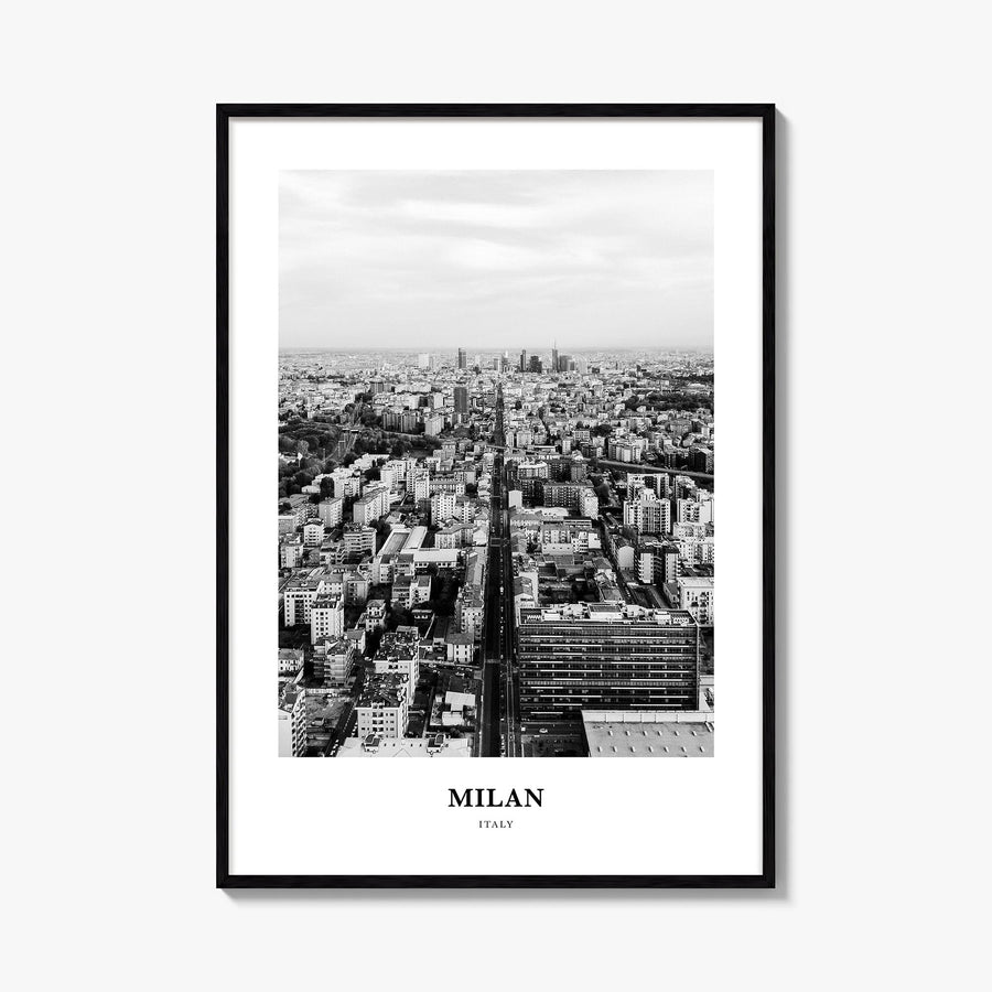 Milan no. 2 black & white classic poster of Italy – vertical wall art, unframed print shown in interior mockup