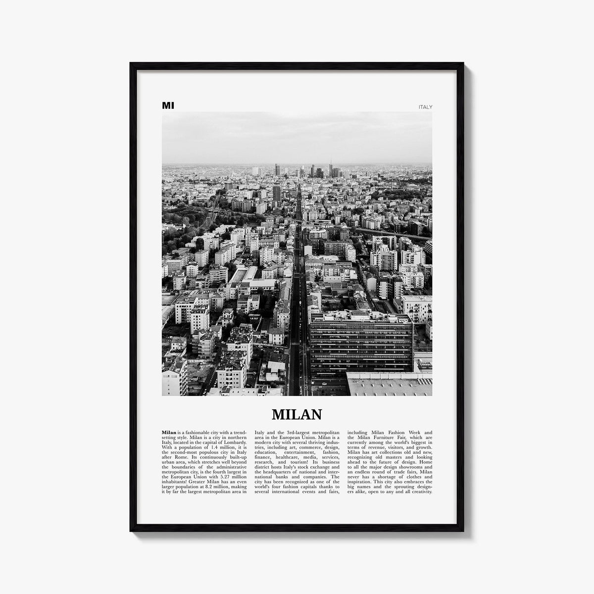 Milan no. 2 black & white newspaper poster of Italy – vertical wall art, unframed print shown in interior mockup