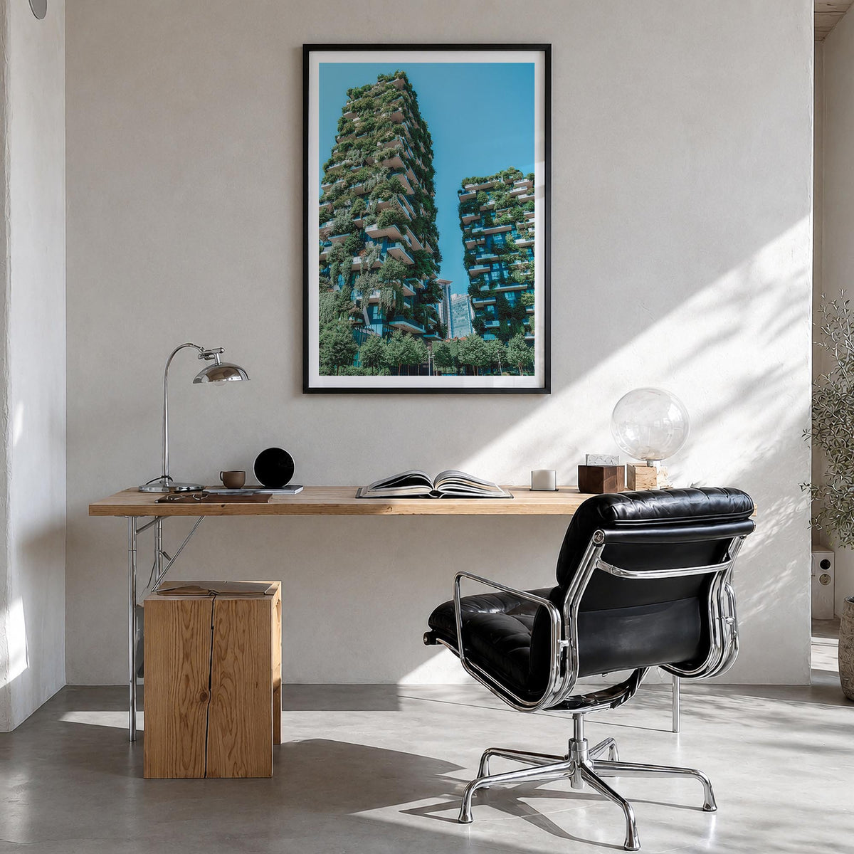 Milan no. 2 colorful photo poster of Italy – vertical wall art in black wood frame with white border, hanging on wall