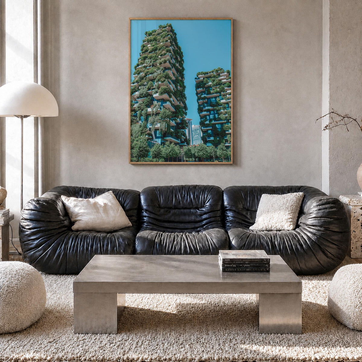 Milan no. 2 colorful photo poster of Italy – vertical wall art in natural wood frame, hanging on wall