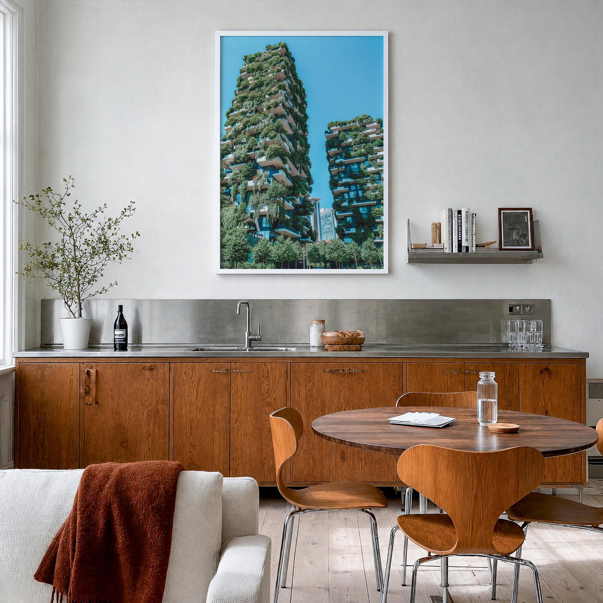 Milan no. 2 colorful photo poster of Italy – vertical wall art in white wood frame, hanging on wall
