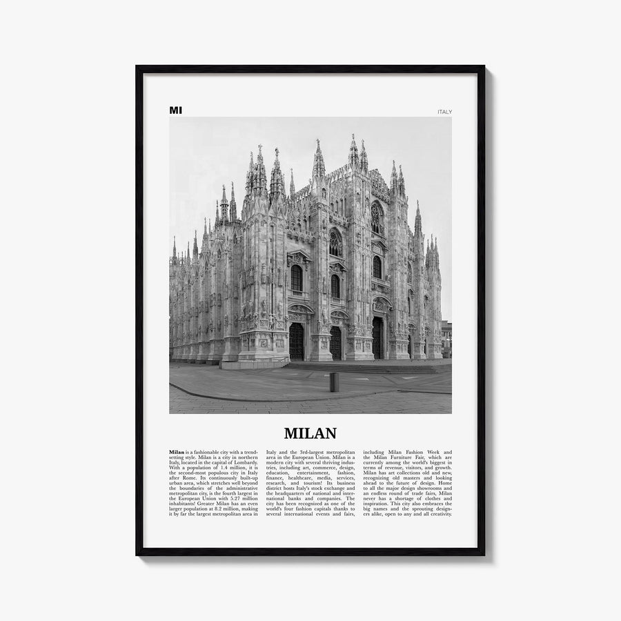 Milan no. 3 black & white newspaper poster of Italy – vertical wall art, unframed print shown in interior mockup