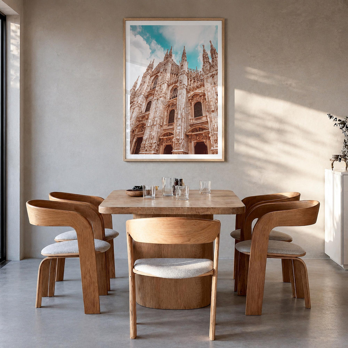 Milan no. 3 colorful photo poster of Italy – vertical wall art in natural wood frame with white border, hanging on wall