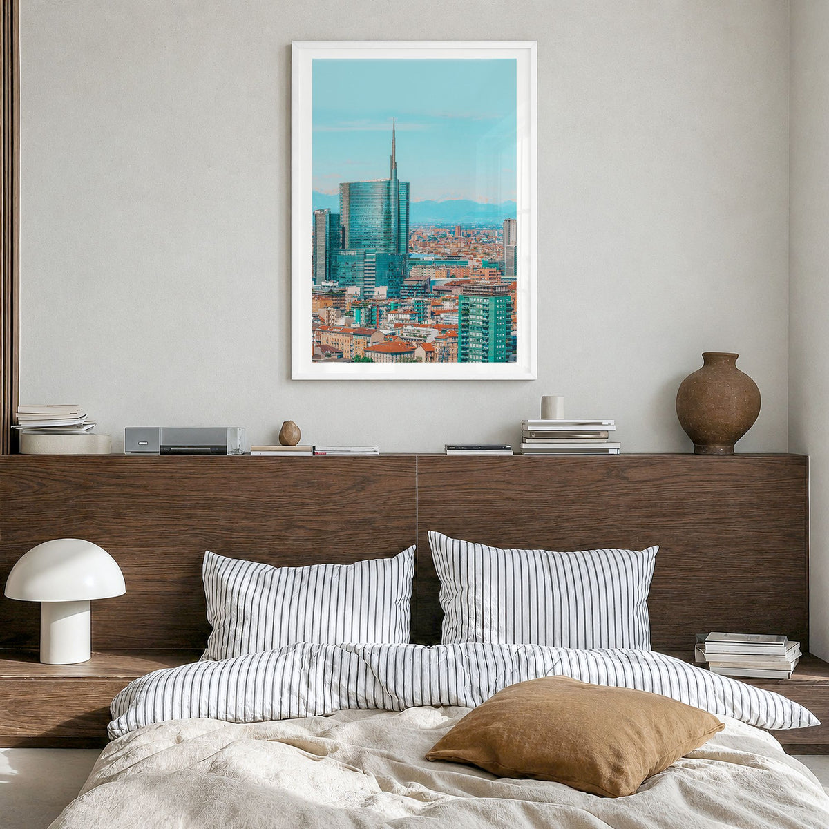 Milan Photo No 1 Poster in a white wood frame, hanging in a bedroom, white border
