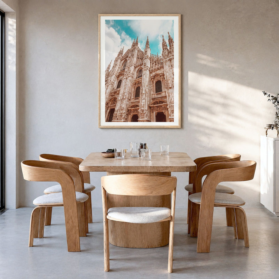 Milan Photo No 3 Poster in a natural wood frame, hanging in a dining room, white border
