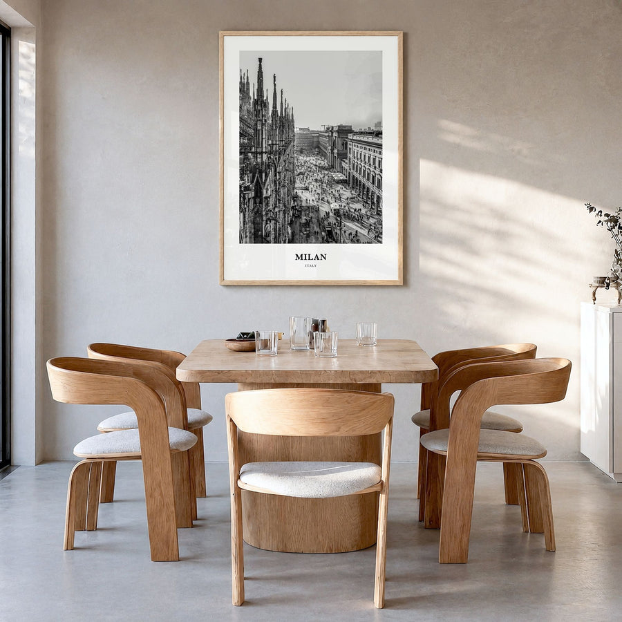Milan Classic No 1 Poster in a natural wood frame, hanging in a dining room