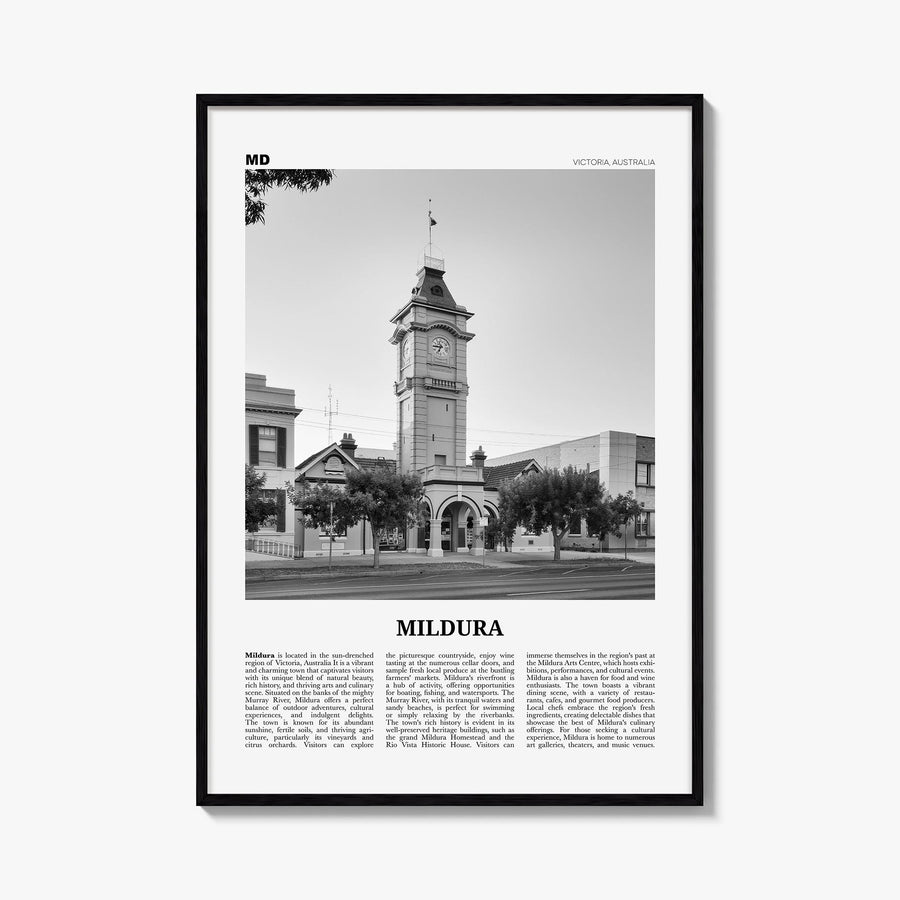 Mildura black & white newspaper poster of Australia – vertical wall art, unframed print shown in interior mockup