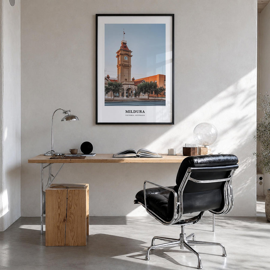 Mildura colorful classic poster of Australia – vertical wall art in black wood frame, hanging on wall