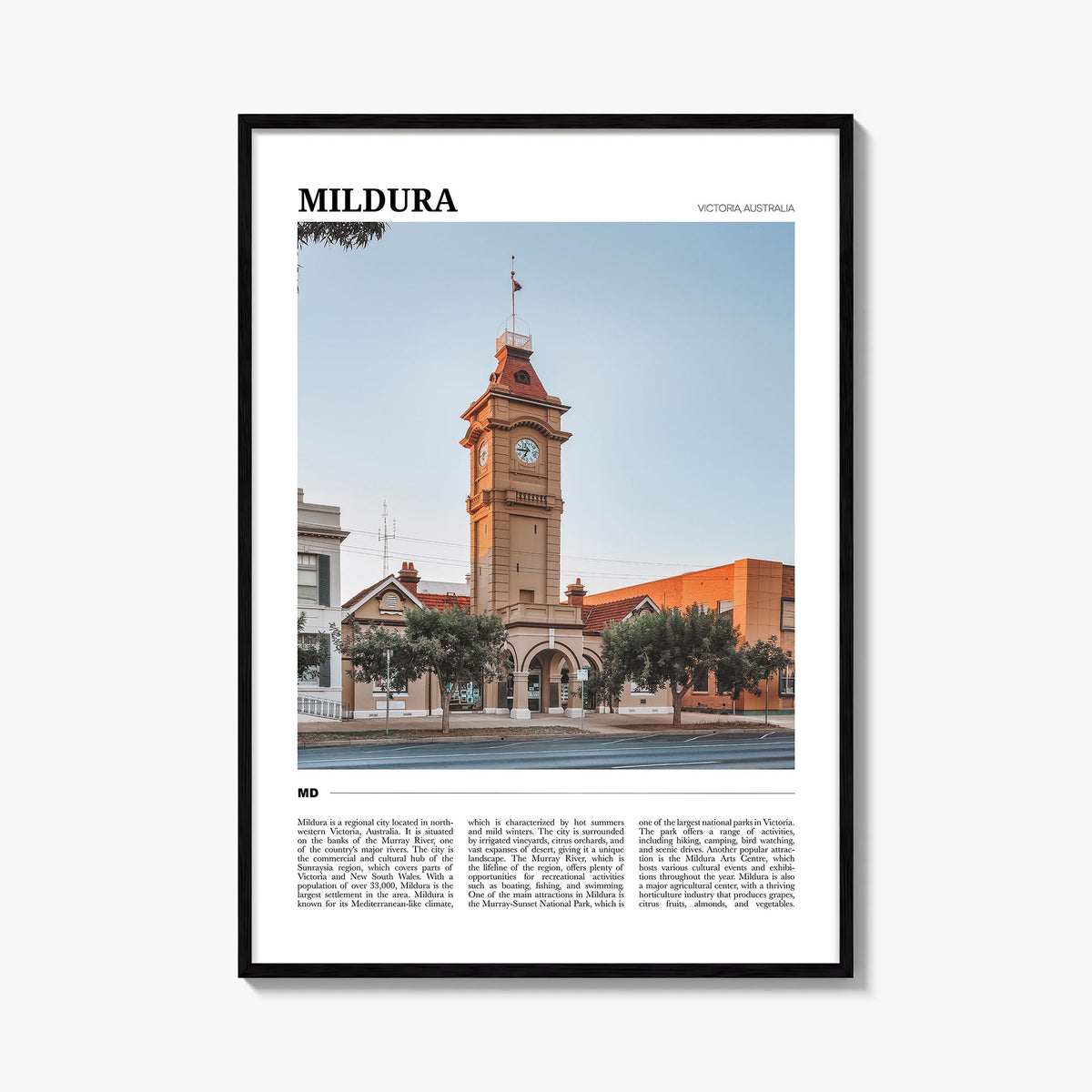 Mildura colorful travel poster of Australia – vertical wall art, unframed print shown in interior mockup