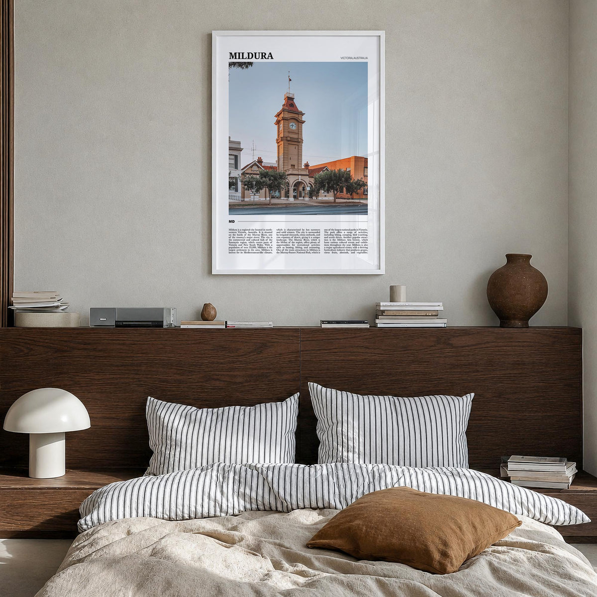Mildura colorful travel poster of Australia – vertical wall art in white wood frame, hanging on wall