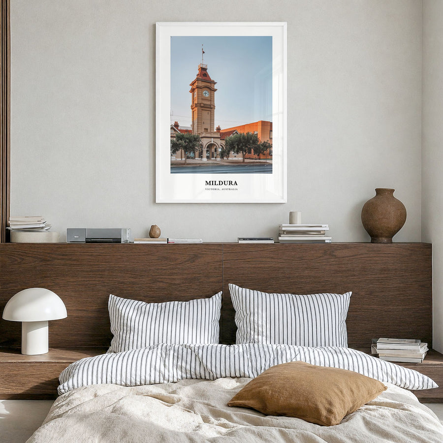 Mildura Classic Poster in a white wood frame, hanging in a bedroom