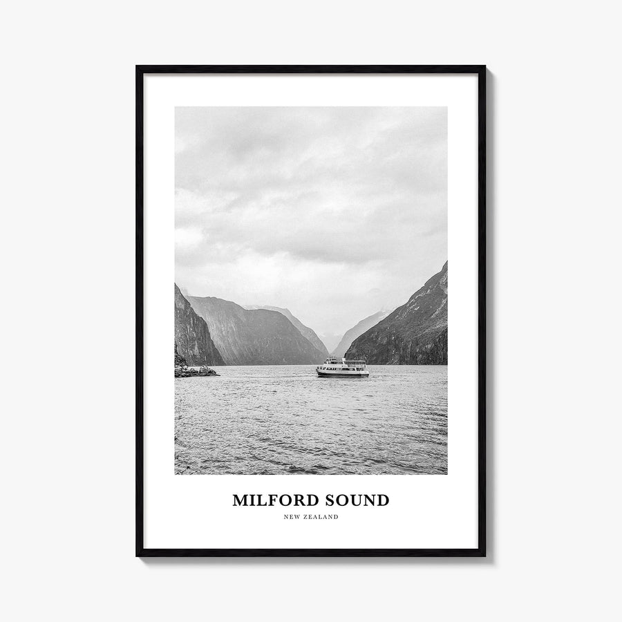 Milford Sound black & white classic poster of New Zealand – vertical wall art, unframed print shown in interior mockup