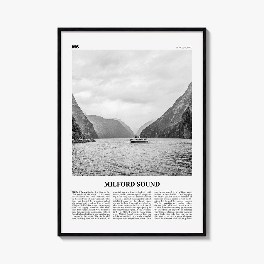 Milford Sound black & white newspaper poster of New Zealand – vertical wall art, unframed print shown in interior mockup