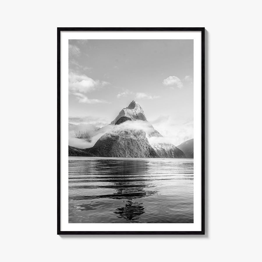 Milford Sound black & white photo poster of New Zealand – vertical wall art, unframed print shown in interior mockup