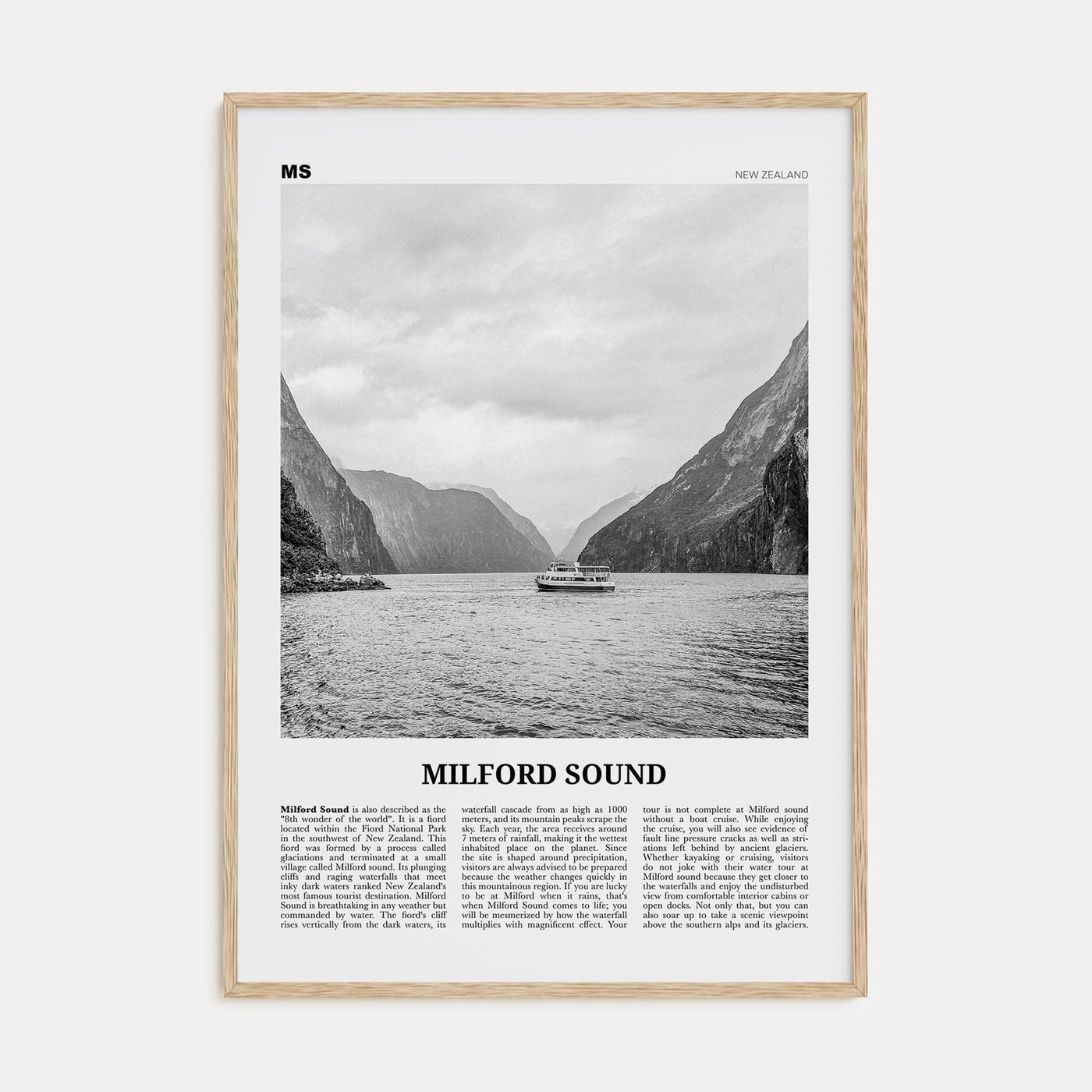 Milford Sound Poster Natural Wood / 8x12 in Nbourhood Travel B&W Poster