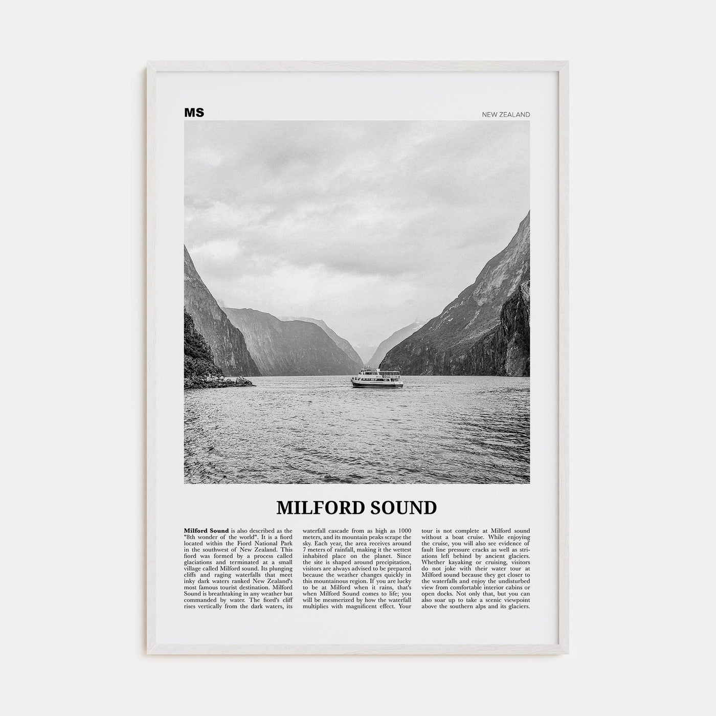 Milford Sound Poster White Wood / 8x12 in Nbourhood Travel B&W Poster