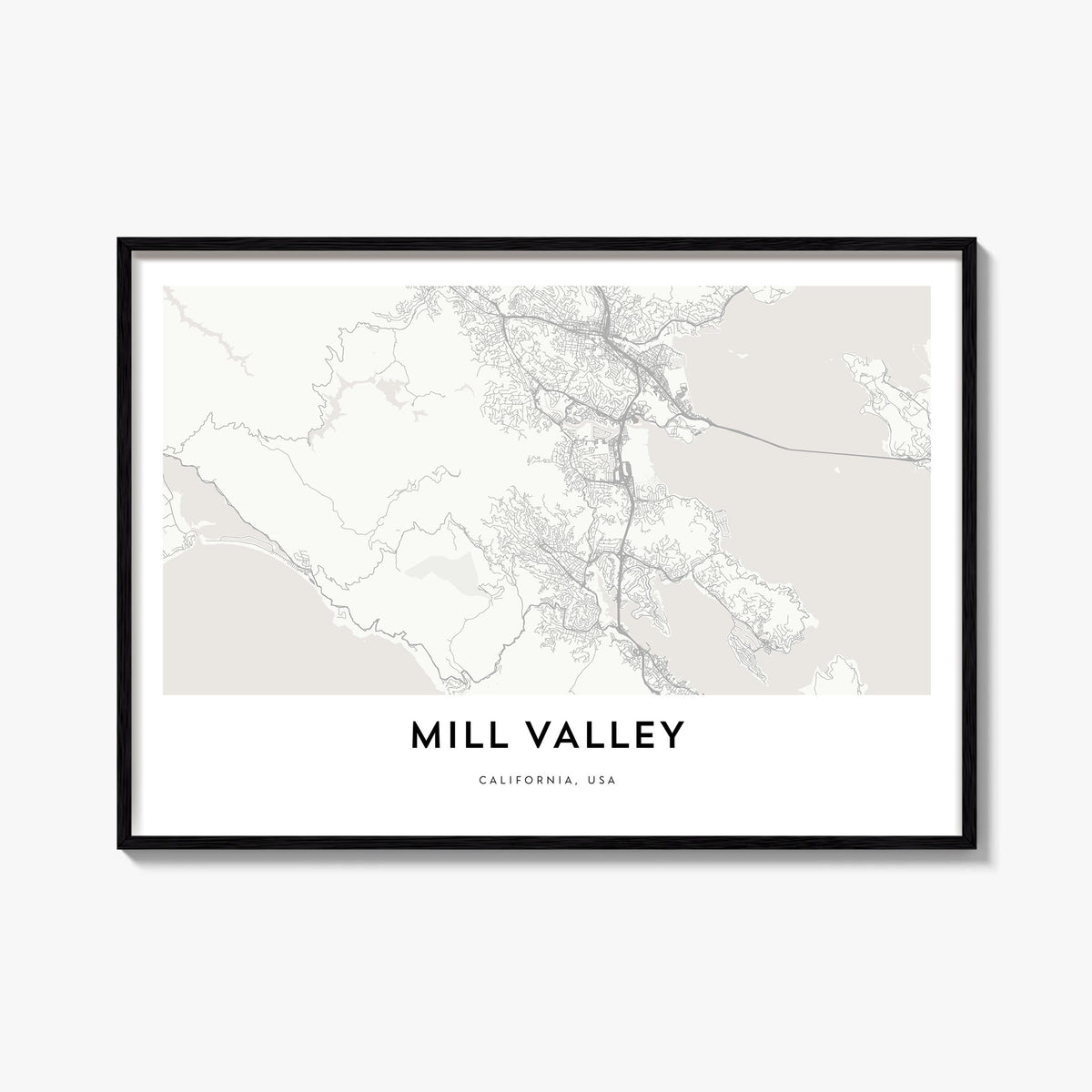 Mill Valley black & white map poster of California, USA – horizontal wall art, unframed print shown in interior mockup