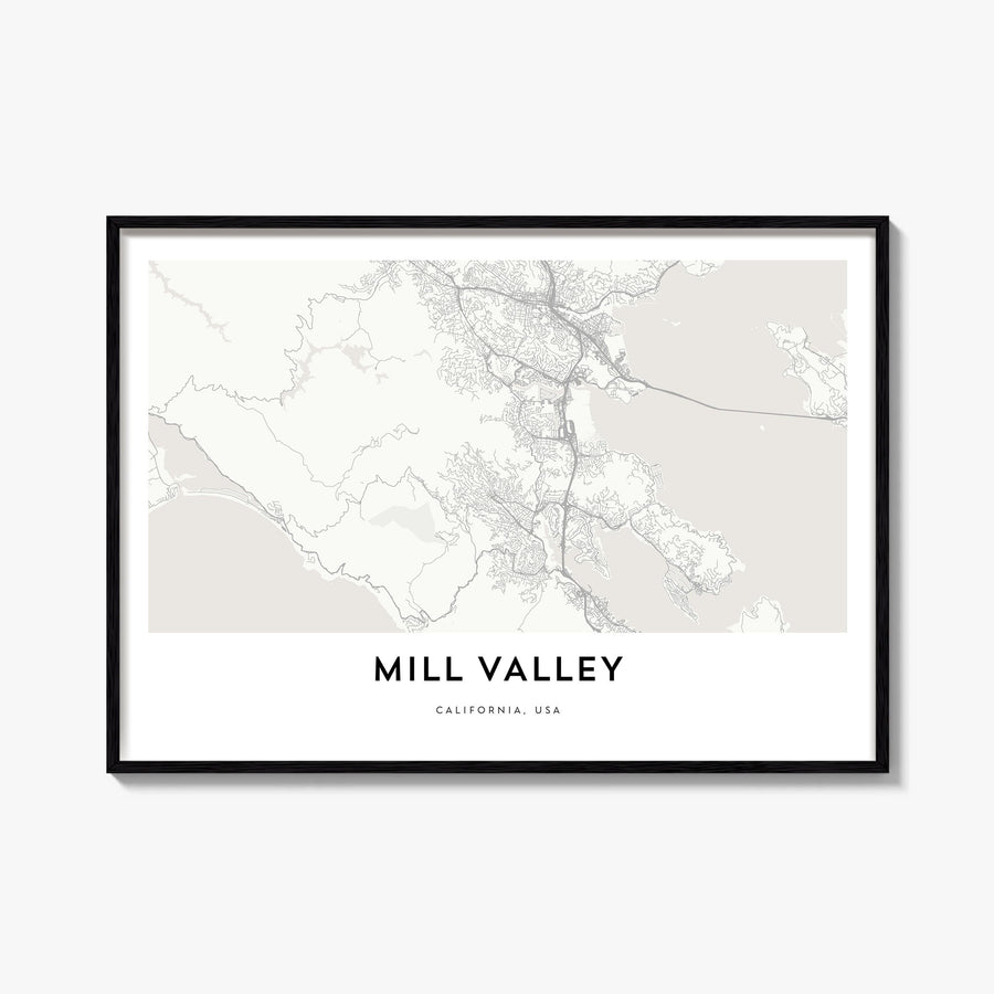 Mill Valley black & white map poster of California, USA – horizontal wall art, unframed print shown in interior mockup
